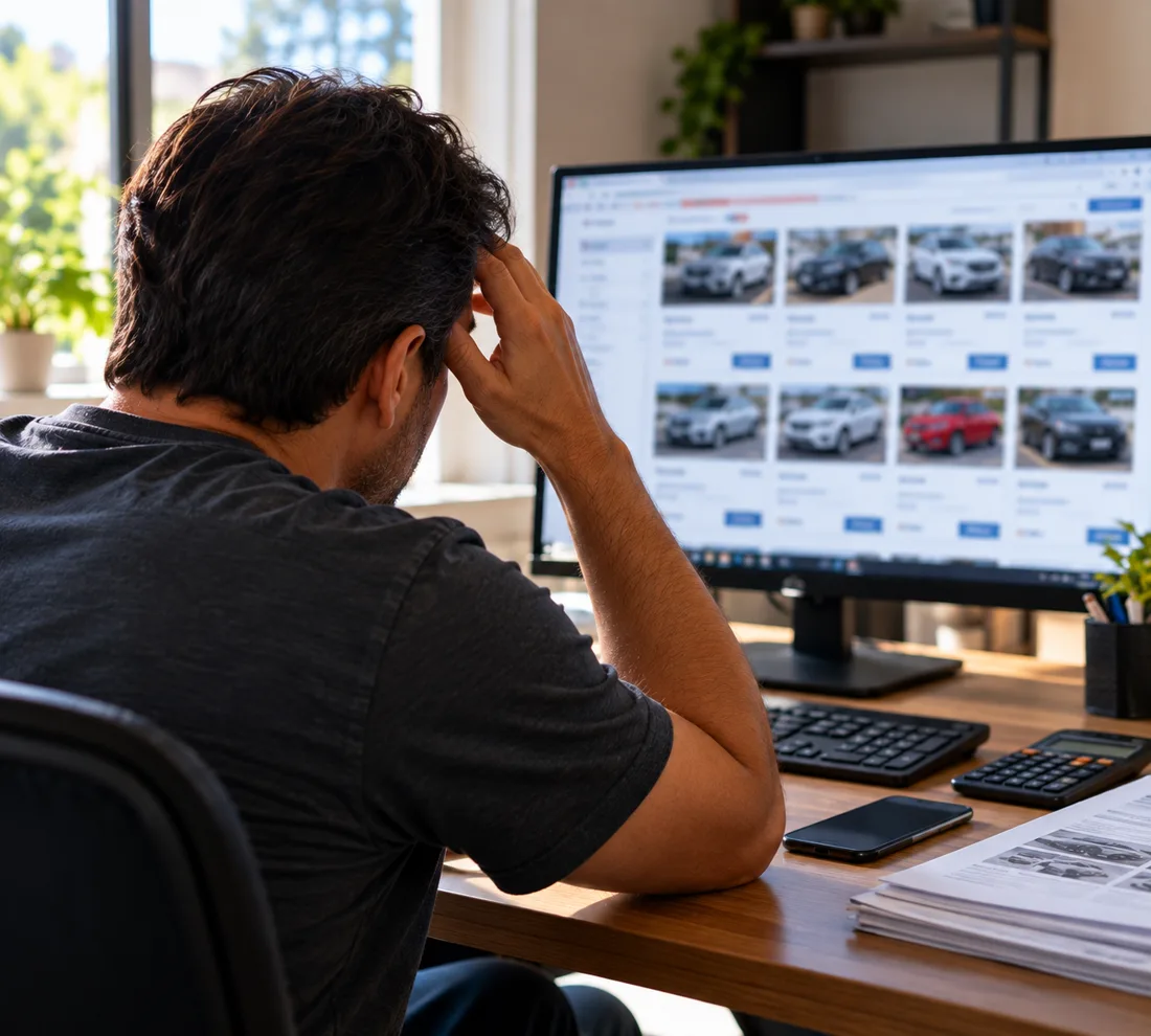 Homem com a mão na cabeça olhando carros de leilão no computador